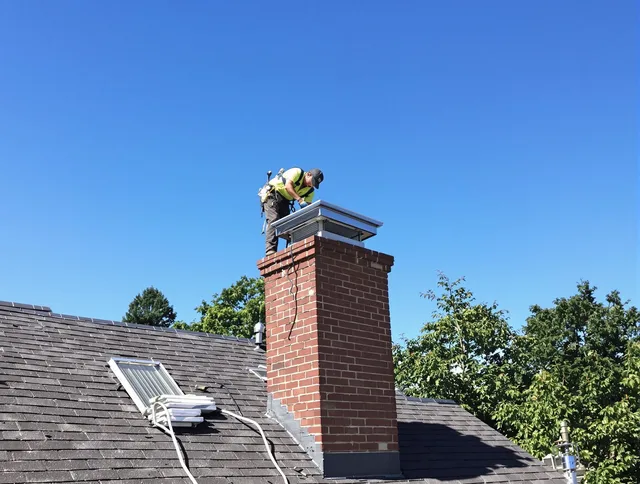 New Milford Chimney Sweep technician measuring a chimney cap in New Milford, CT